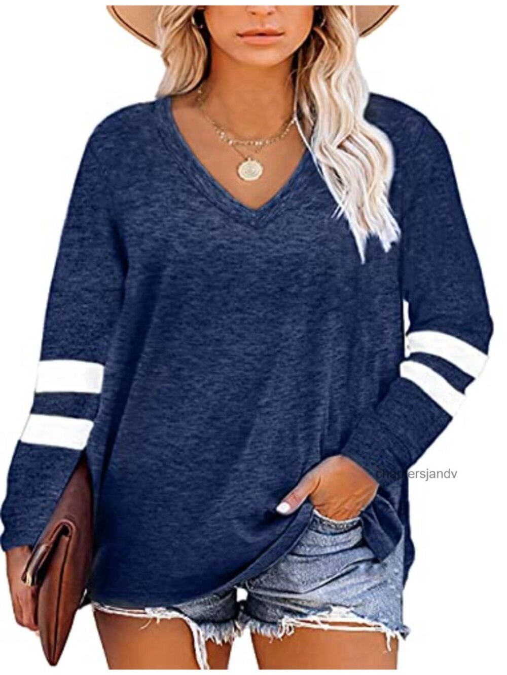 Women's Plus Size V-Neck Long Sleeve Tunic T-Shirt Color Block Casual Top
